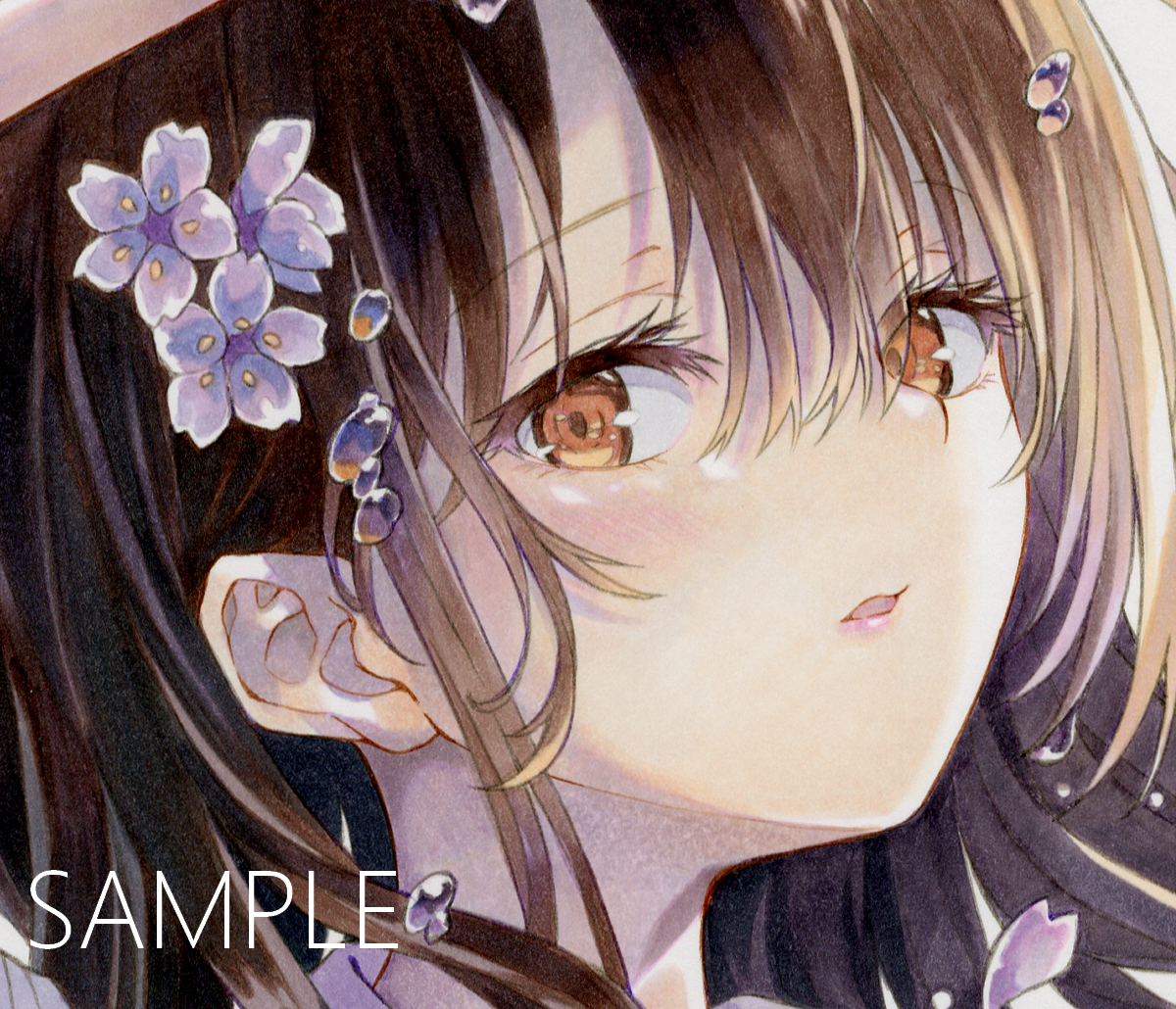 moco 手描きイラスト 「桜雨」/オリジナル/少女/花/美人画/絵画/日本画