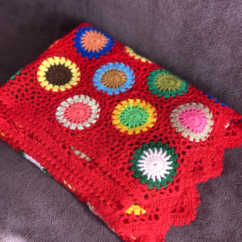 ハンドメイド 手編み かぎ針編み お花モチーフ ブランケット/ひざ掛け